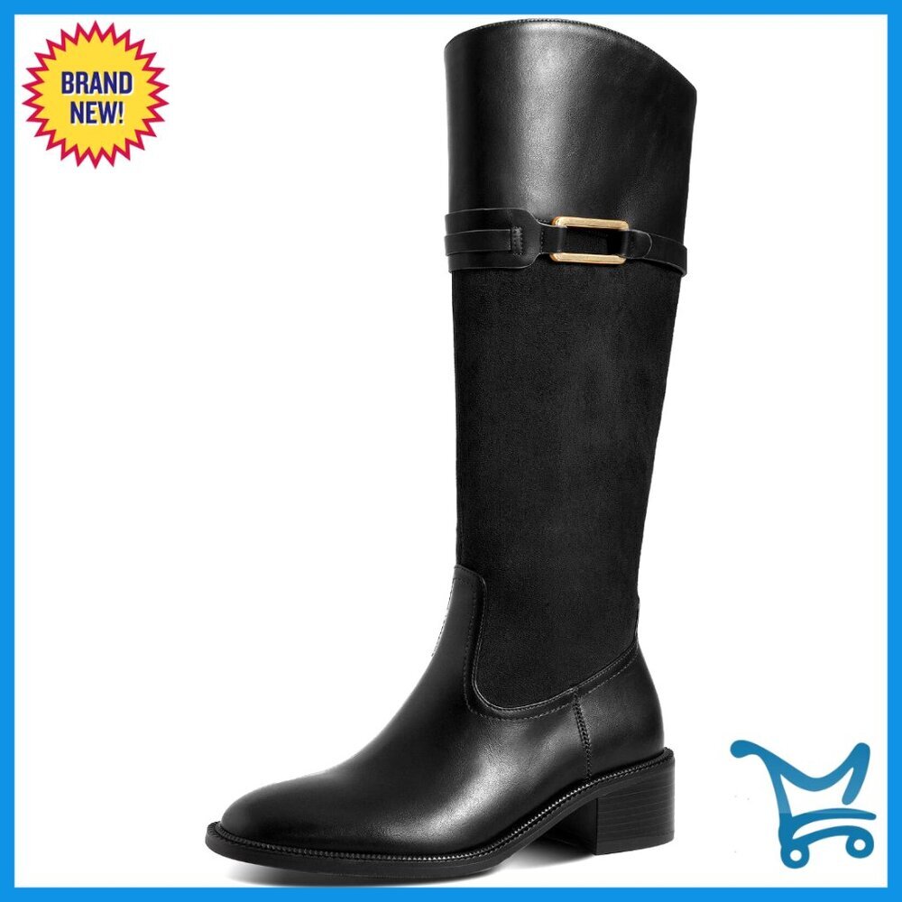 Knee High Riding Boots Chunky Block Heel Side Zipper Round Toe Faux Leather